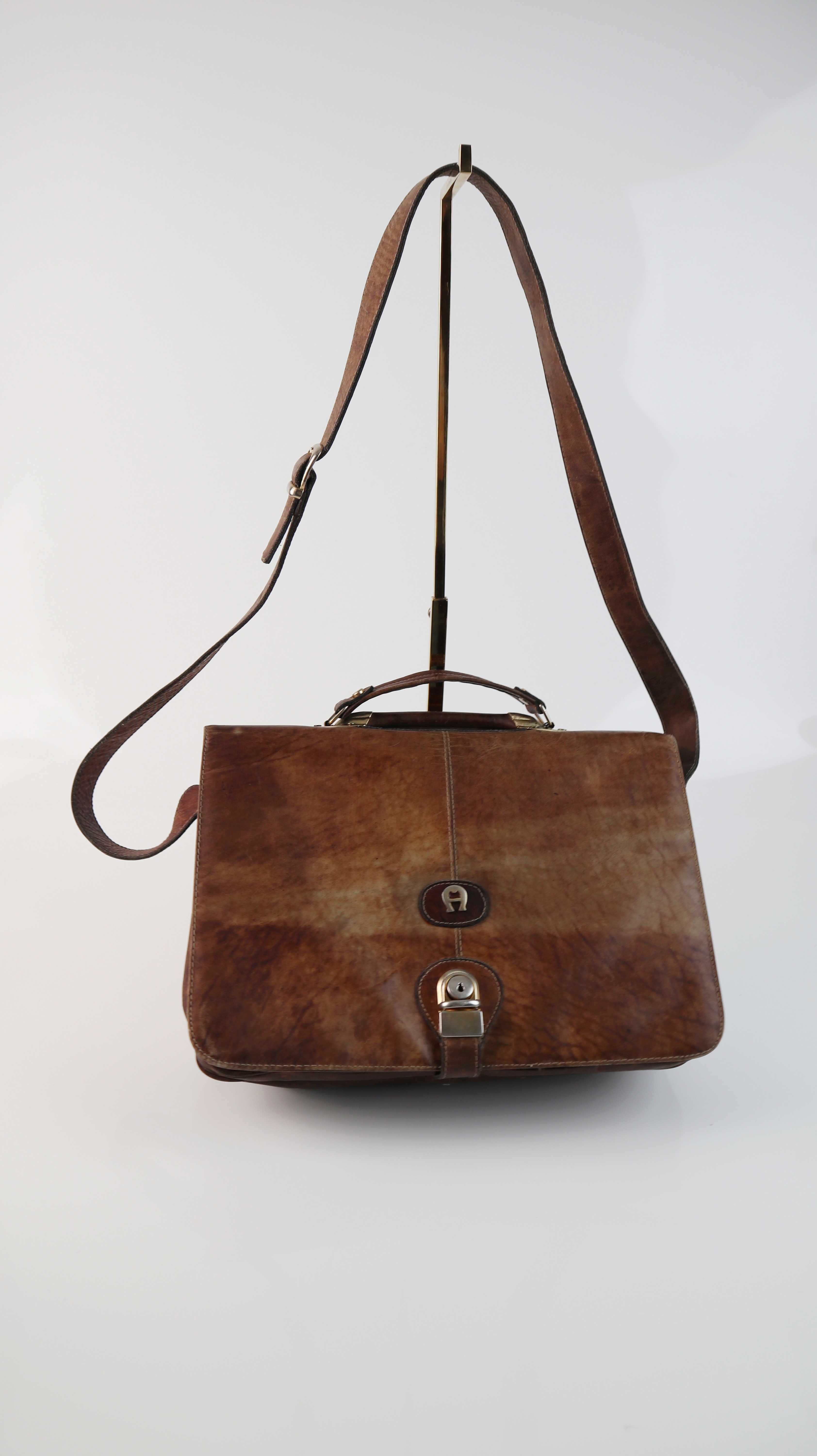 Aigner Tasche Ledertasche Umhängetasche braun gold Schultertasche Aktentasche