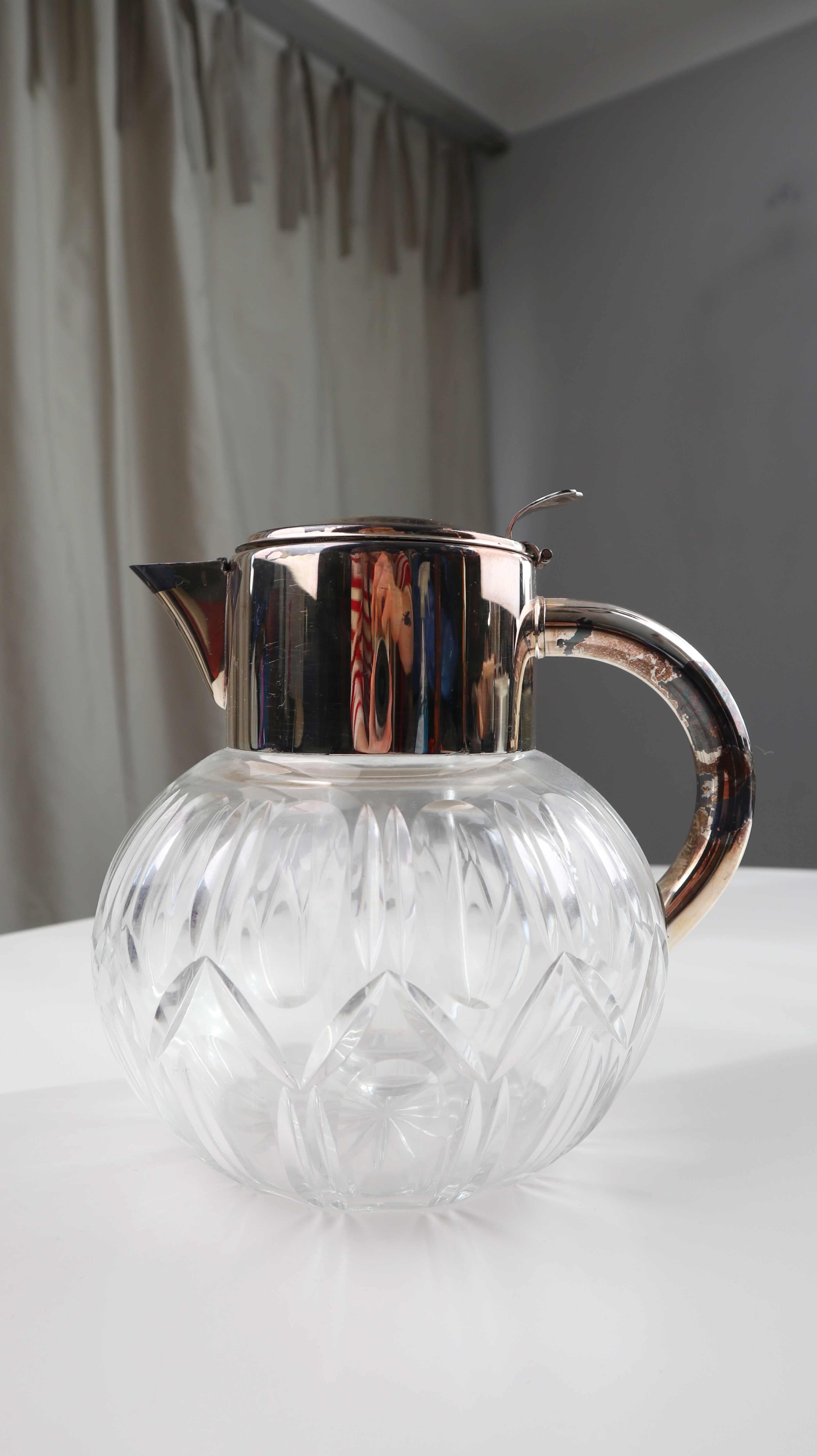 Vintage Glaskrug versilbert Wasserkrug Karaffe Metallgriff Kalte Ente