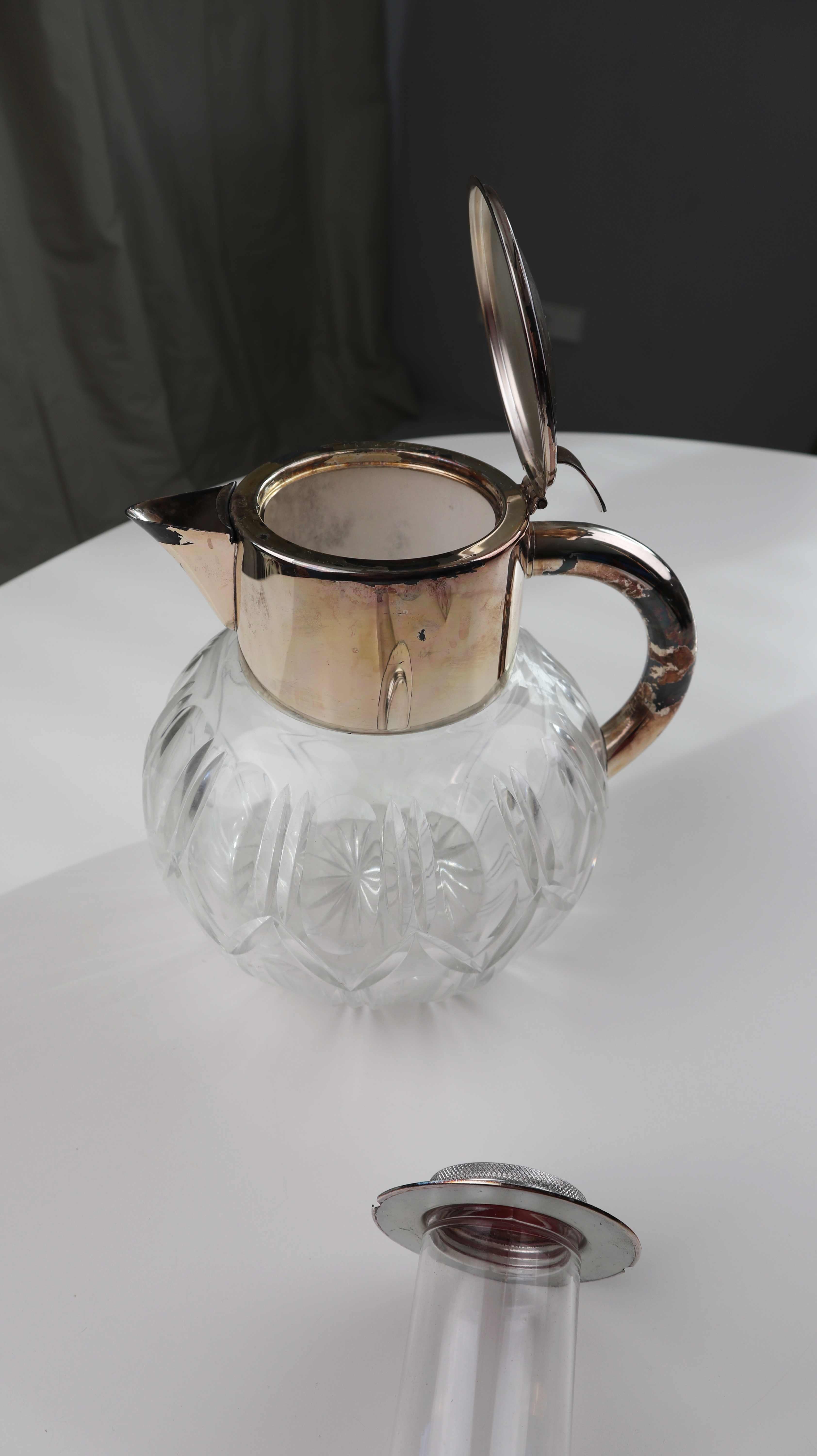 Vintage Glaskrug versilbert Wasserkrug Karaffe Metallgriff Kalte Ente