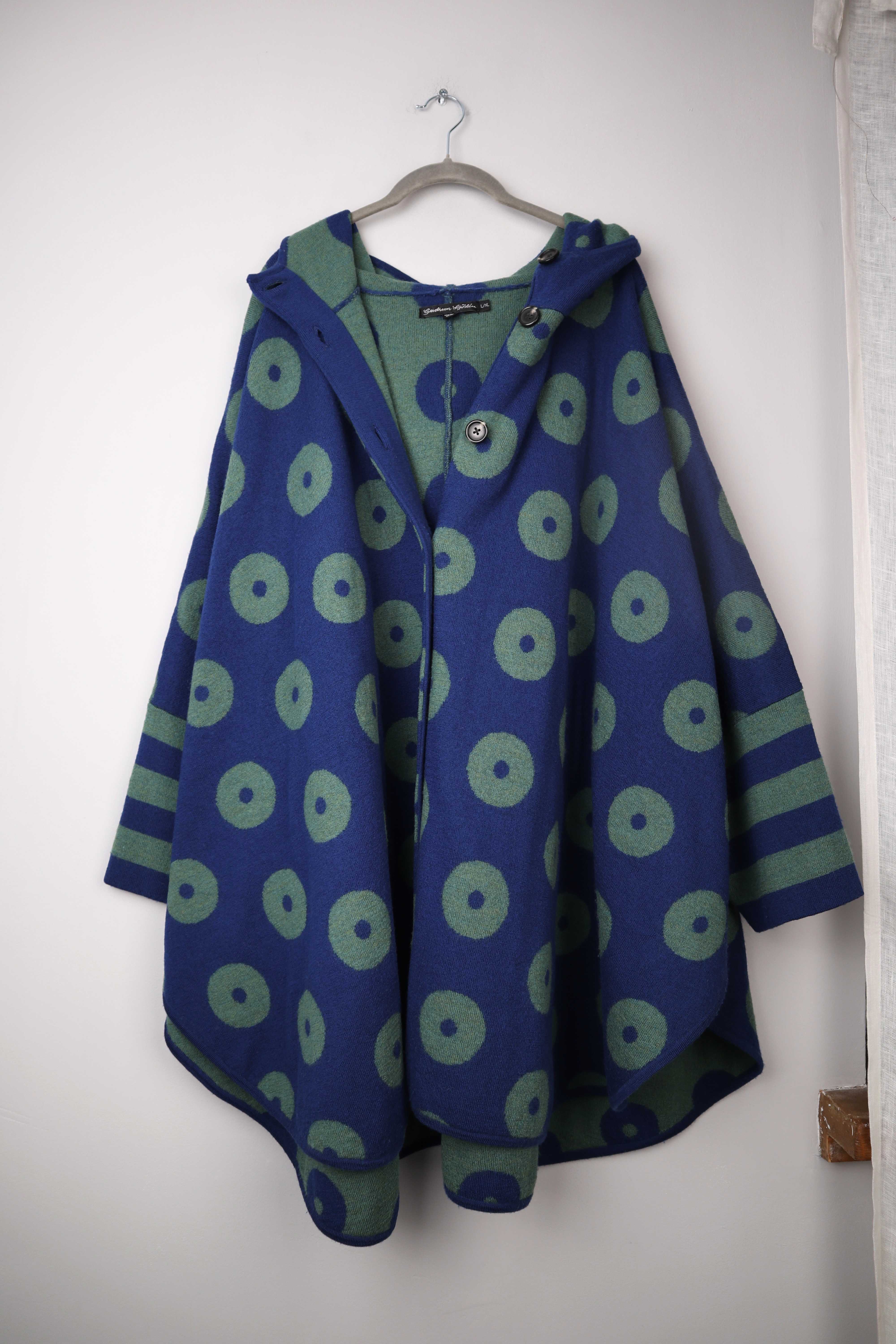 Gudrun Sjöden Jacke Blau Grün Mantel Wollmantel Cape L XL geometrisch