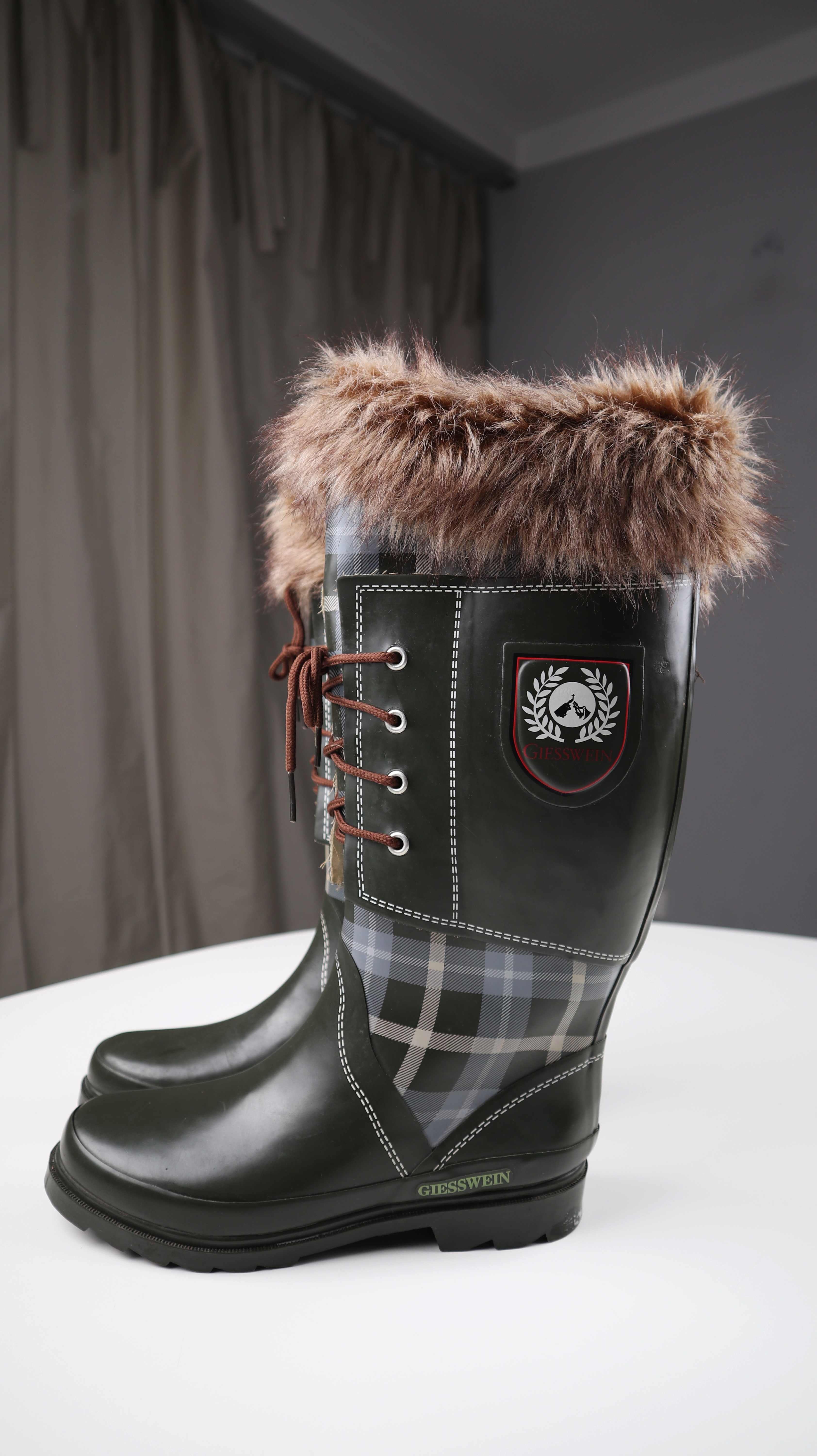 Giesswein Gummistiefel 39 Grün gefüttert Winterstiefel kariert Fell