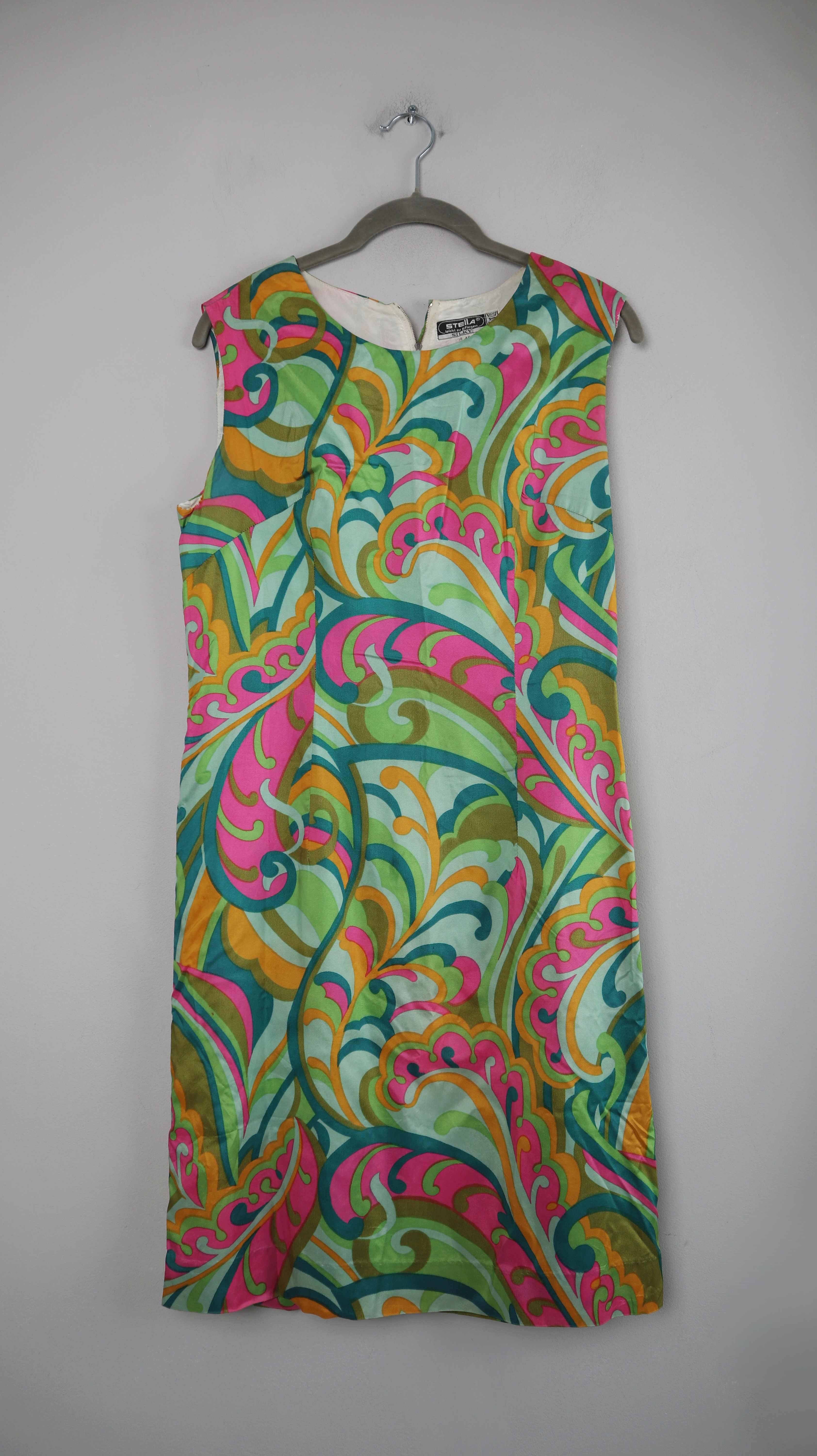 True Vintage Kleid Seide Retro Stella 40 L grün pink 38 M