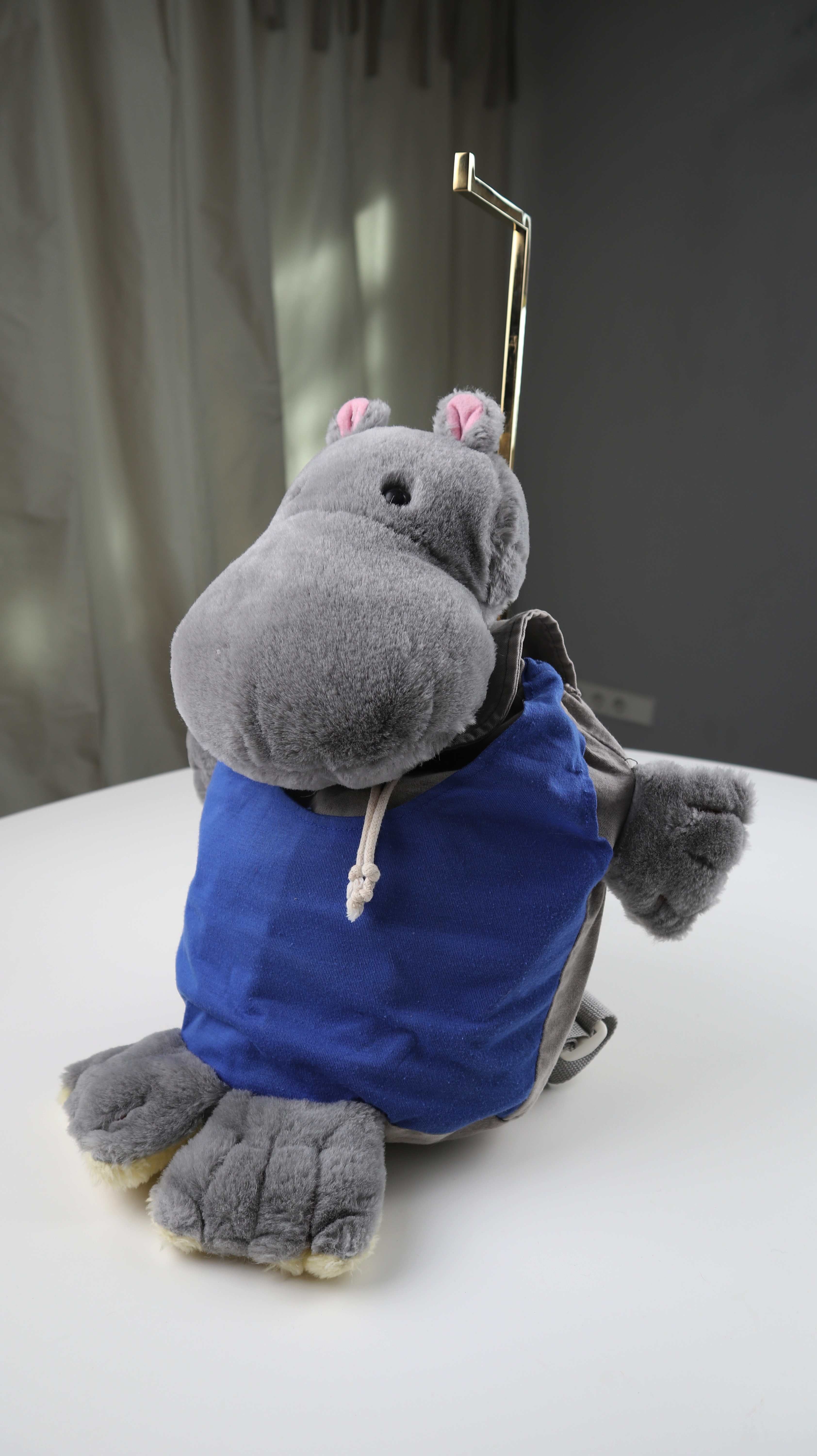 Kinderrucksack Nilpferd Rucksack Grau Blau Plüschtierrucksack