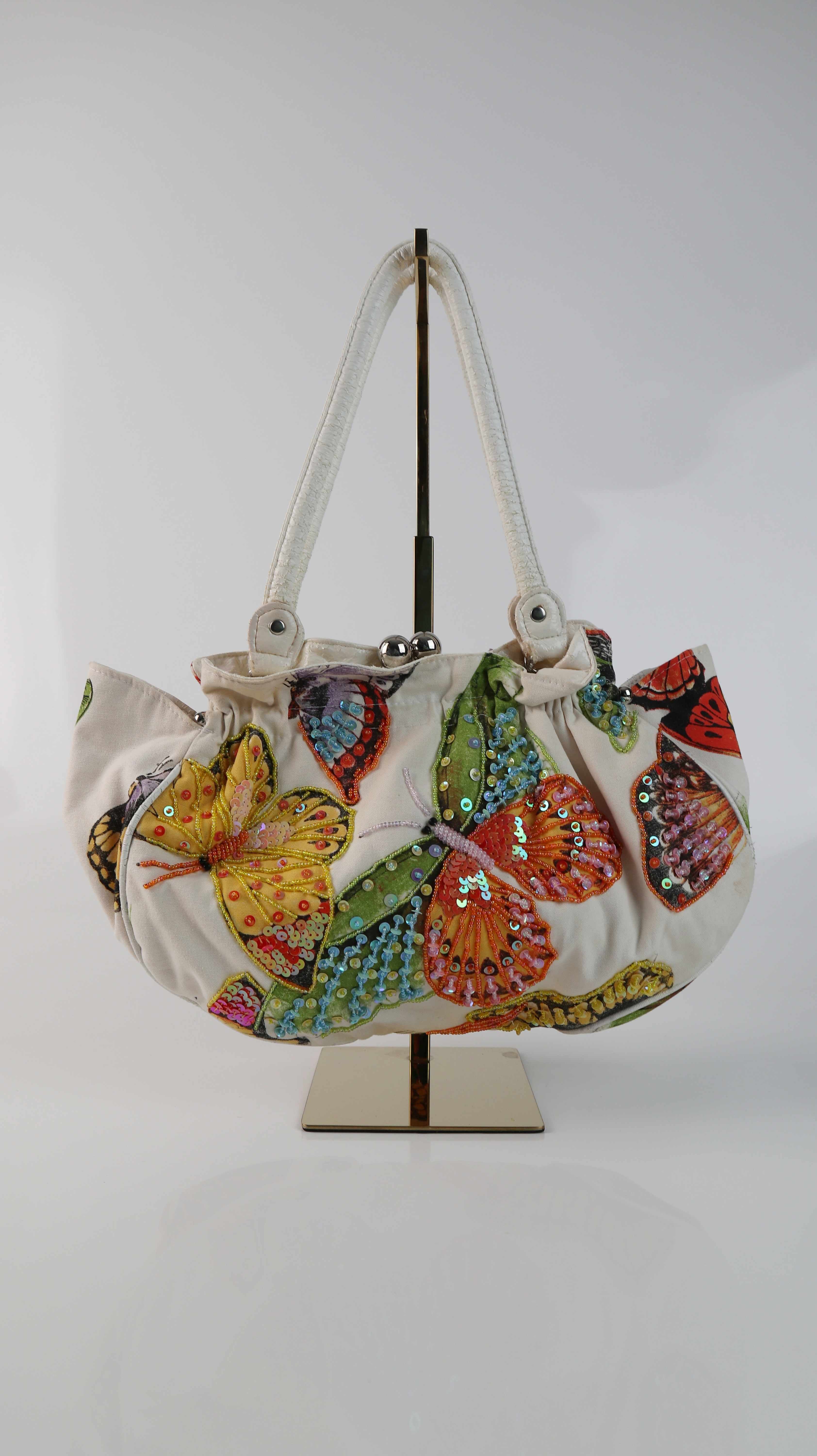 Tasche True Vintage Y2K weiß Handtasche Schultertasche Pailetten bunt Schmetterlinge