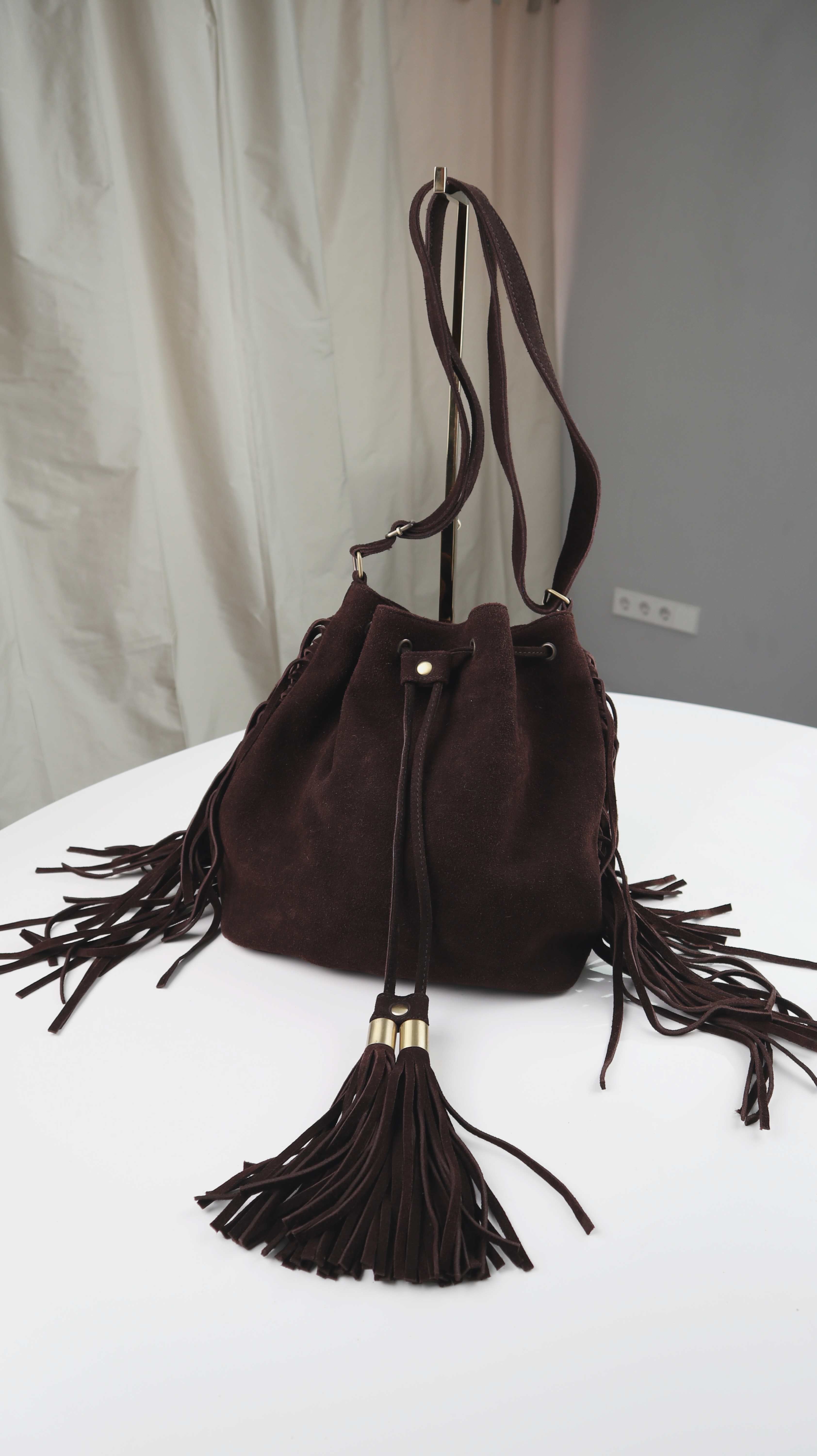 Tasche Wildleder Wildledertasche braun Fransentasche Schultertasche