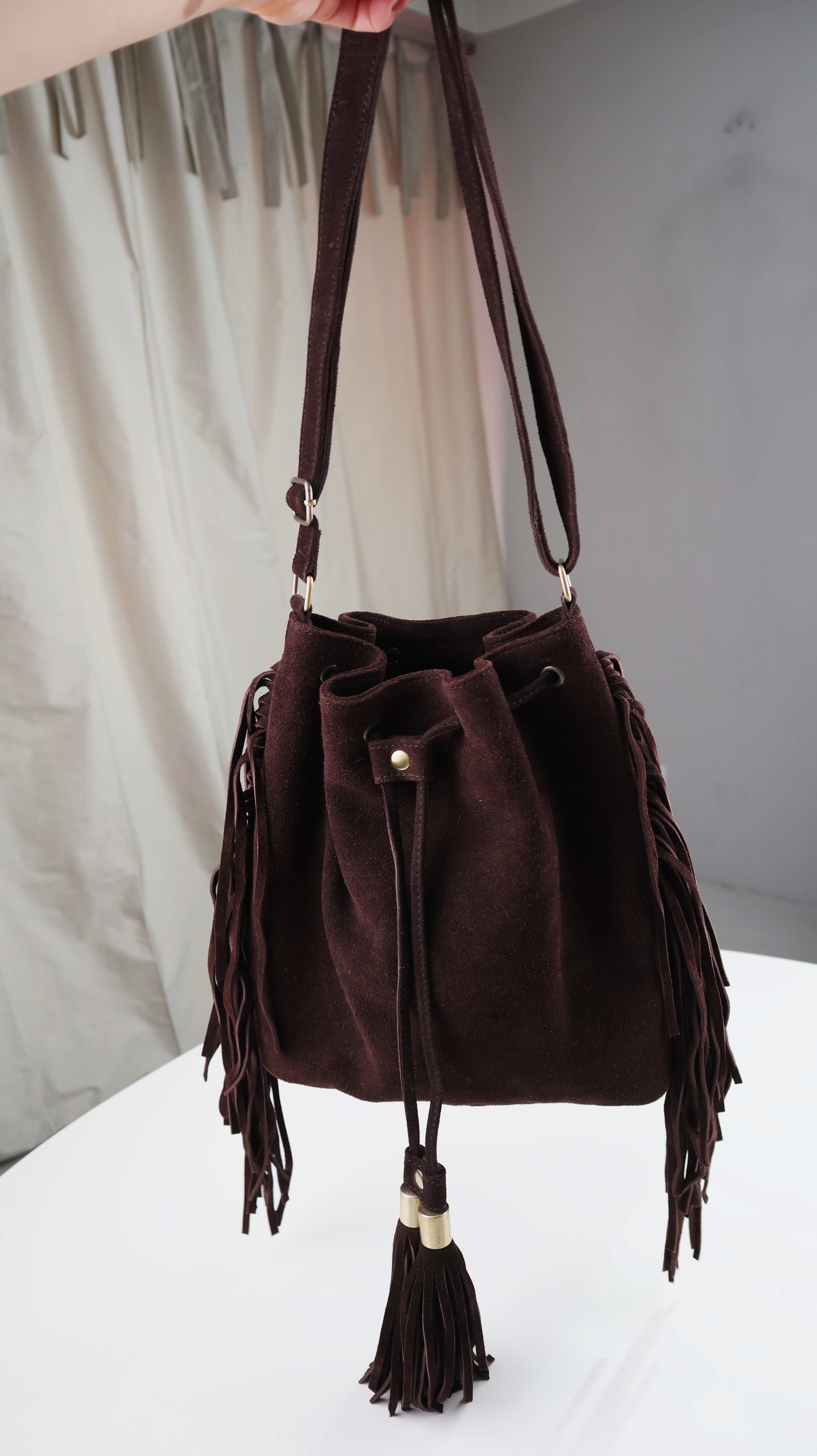 Tasche Wildleder Wildledertasche braun Fransentasche Schultertasche