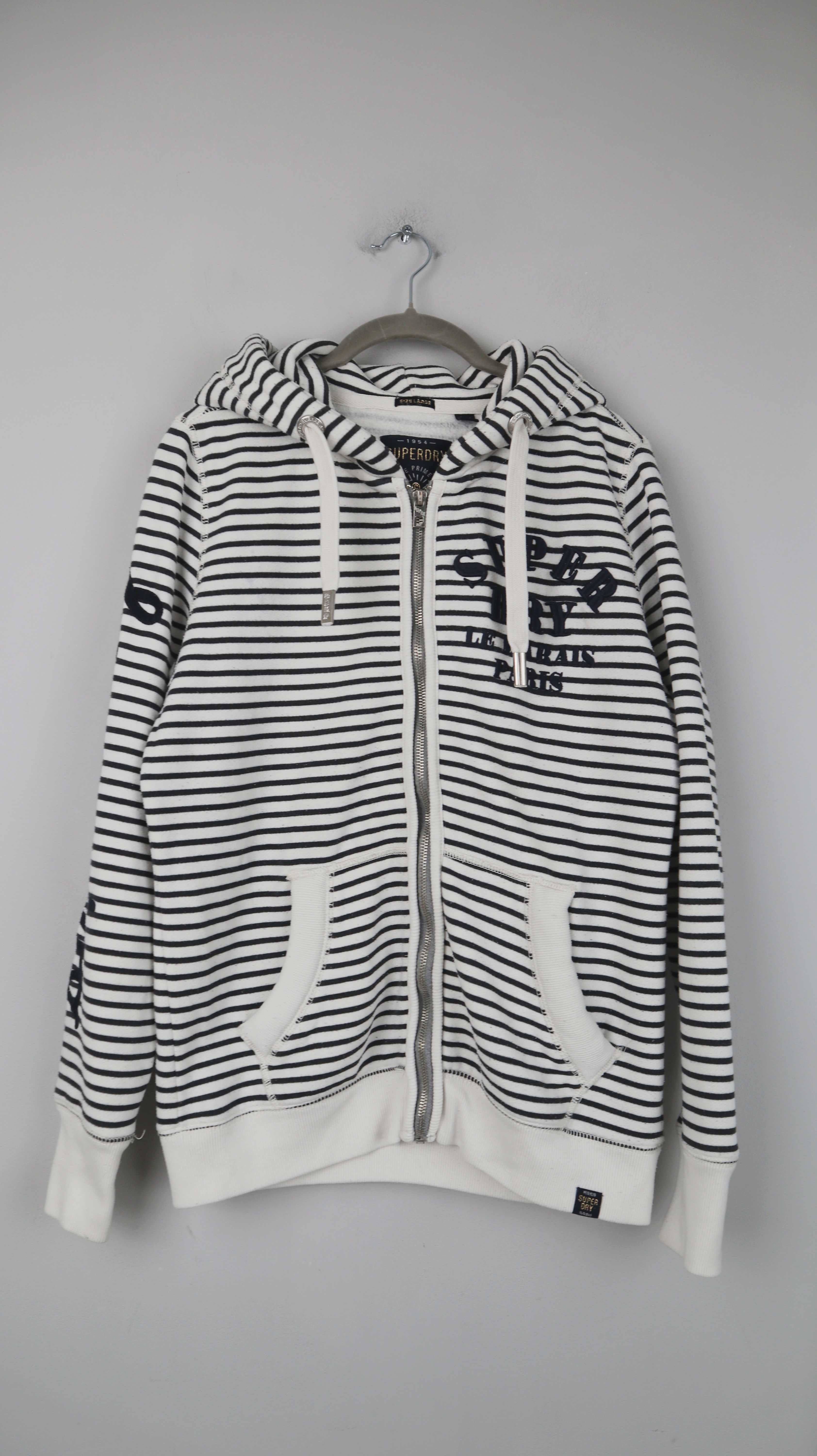 Superdry Strickjacke Hoodie Zipper schwarz weiß gestreift L Kapuze