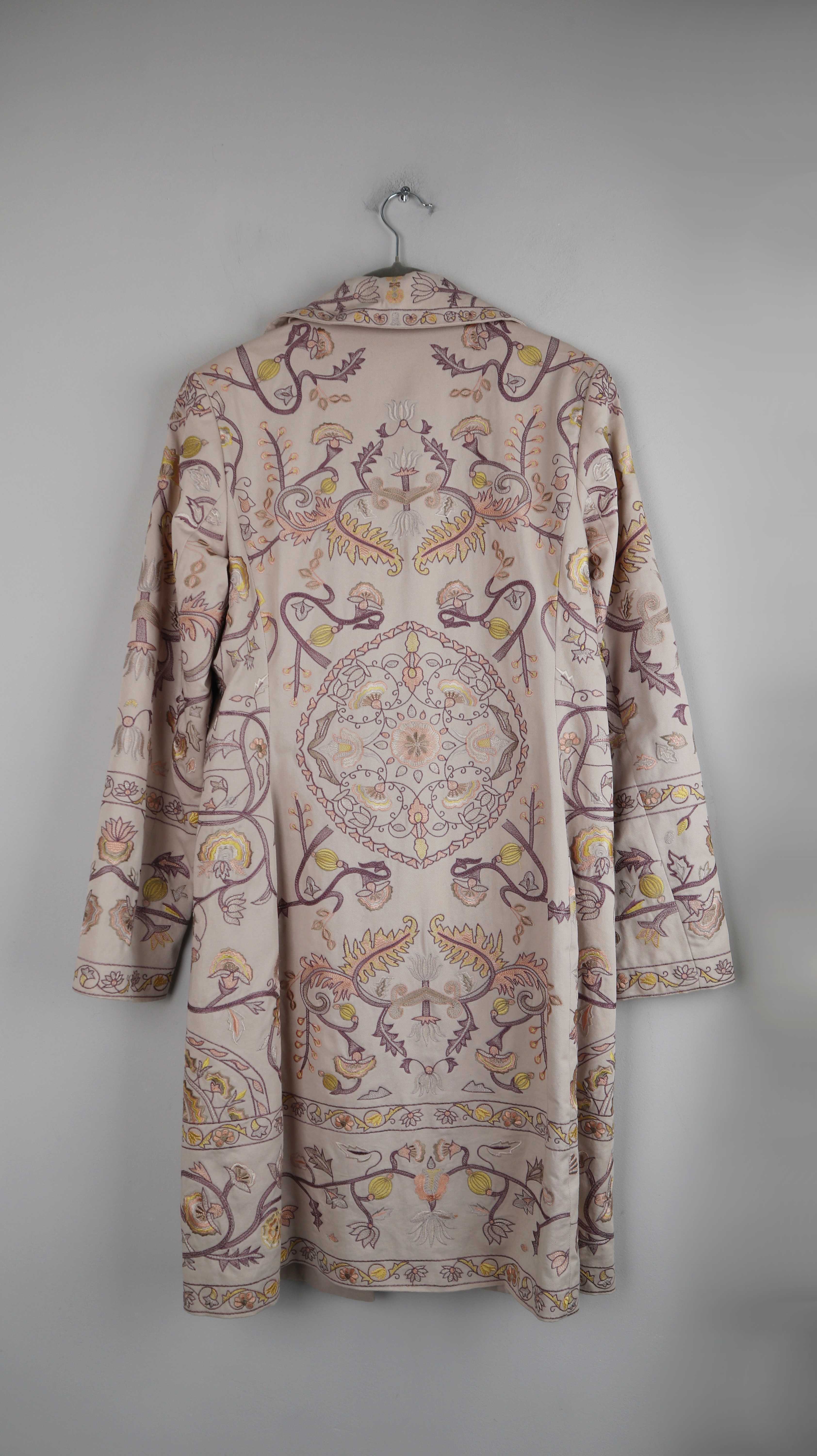 Mantel bestickt 36 S Creme Beige Floral Staubmantel Rosa Lila Jacke