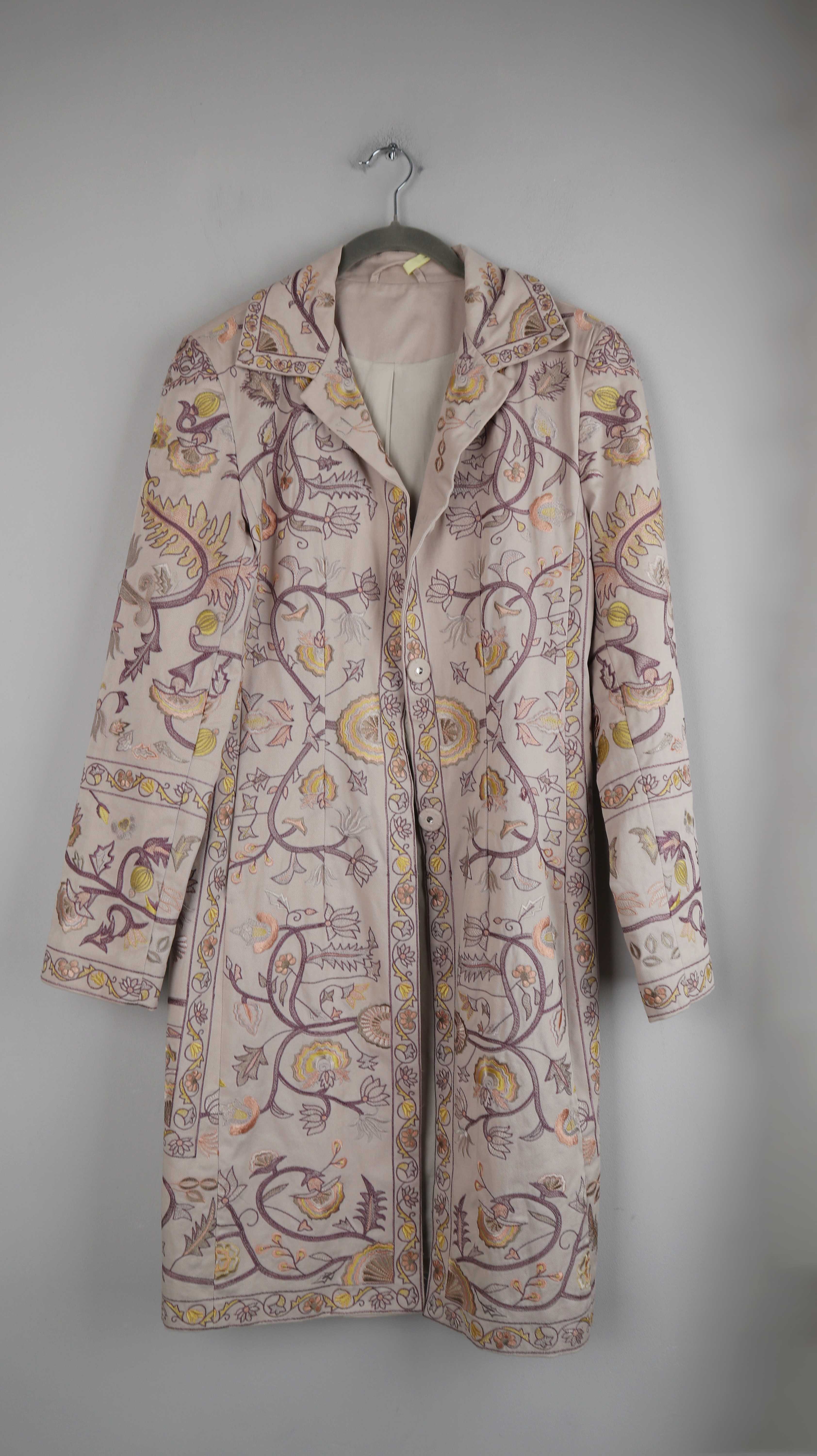 Mantel bestickt 36 S Creme Beige Floral Staubmantel Rosa Lila Jacke