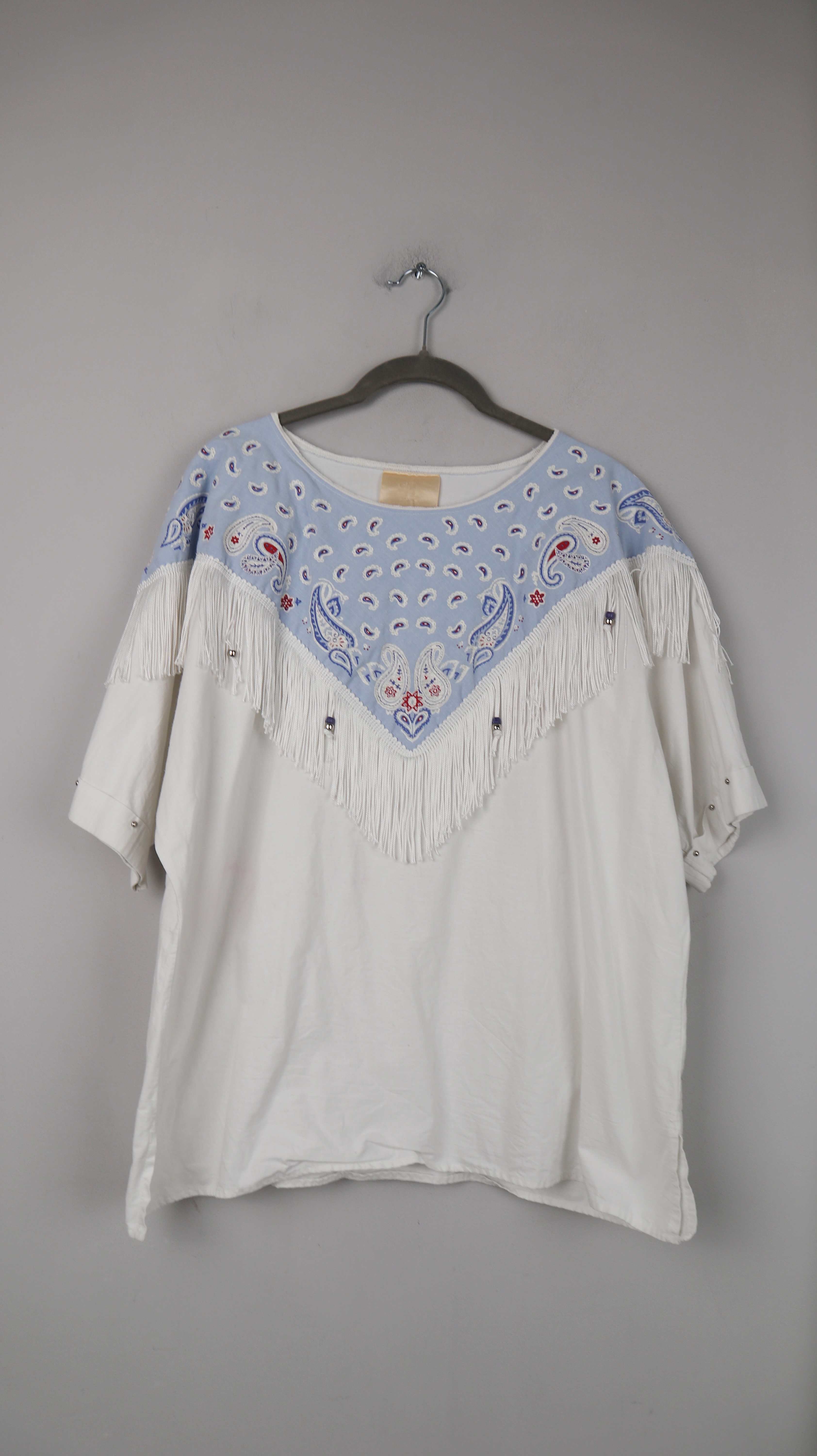 True Vintage Shirt weiß 38 M Fransen Cowboyshirt Fransenshirt weiß blau