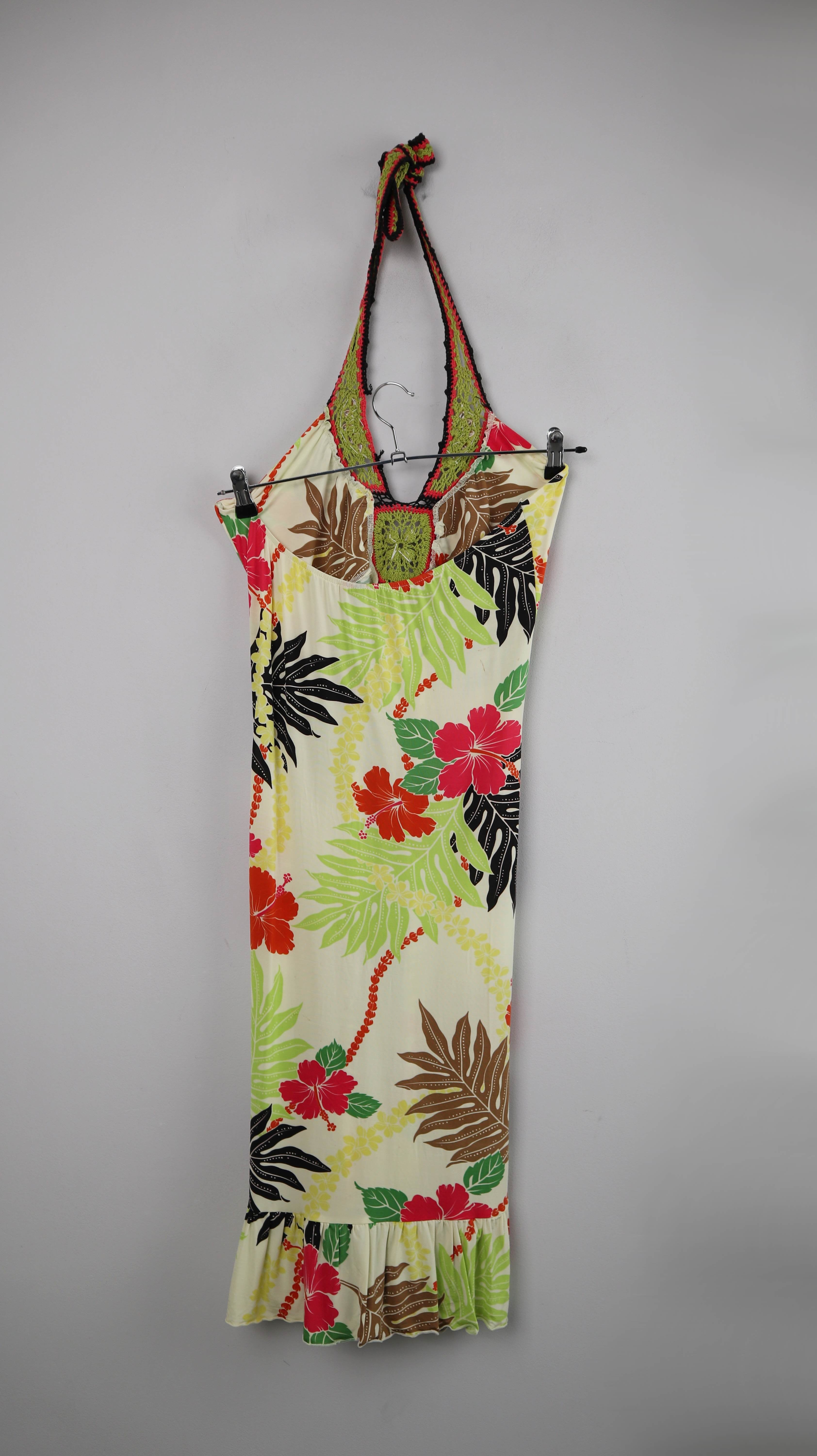 Kleid Sommerkleid Neckholderkleid grün Hawaiiblumen 36 S Midi Midikleid