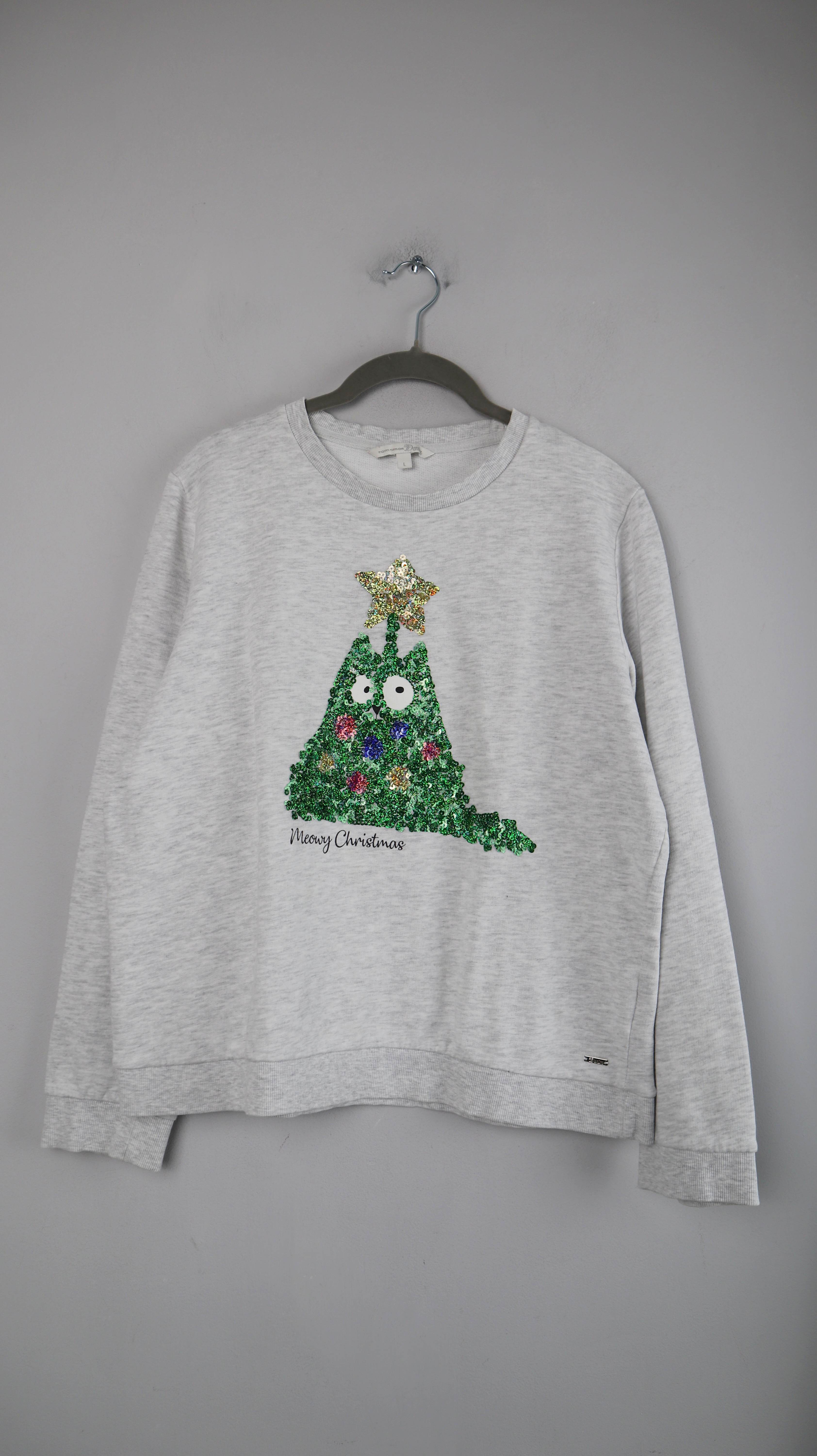 Tom Tailor Meow Christmas Pullover grau Grün Pailetten 40 L