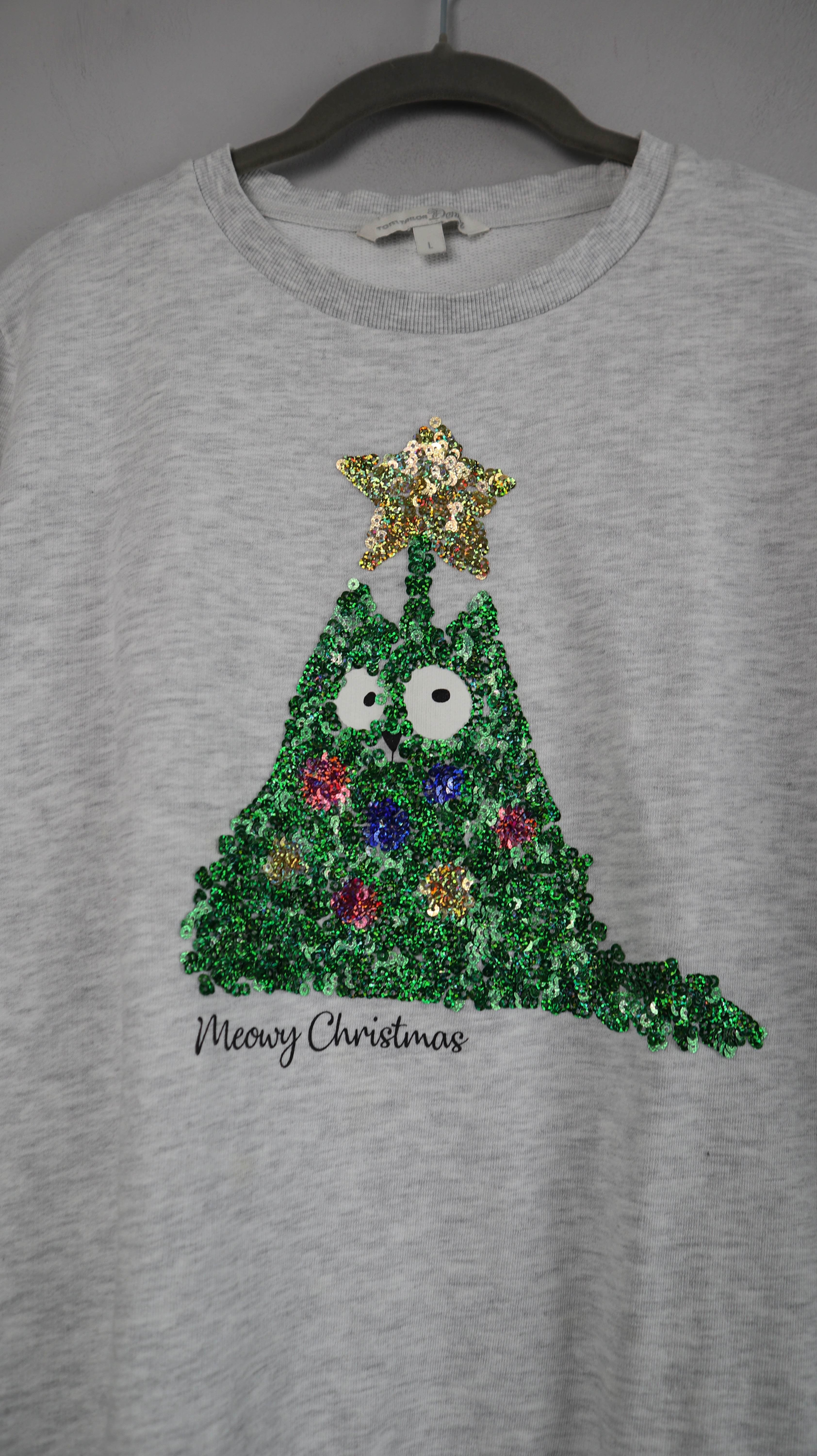 Tom Tailor Meow Christmas Pullover grau Grün Pailetten 40 L