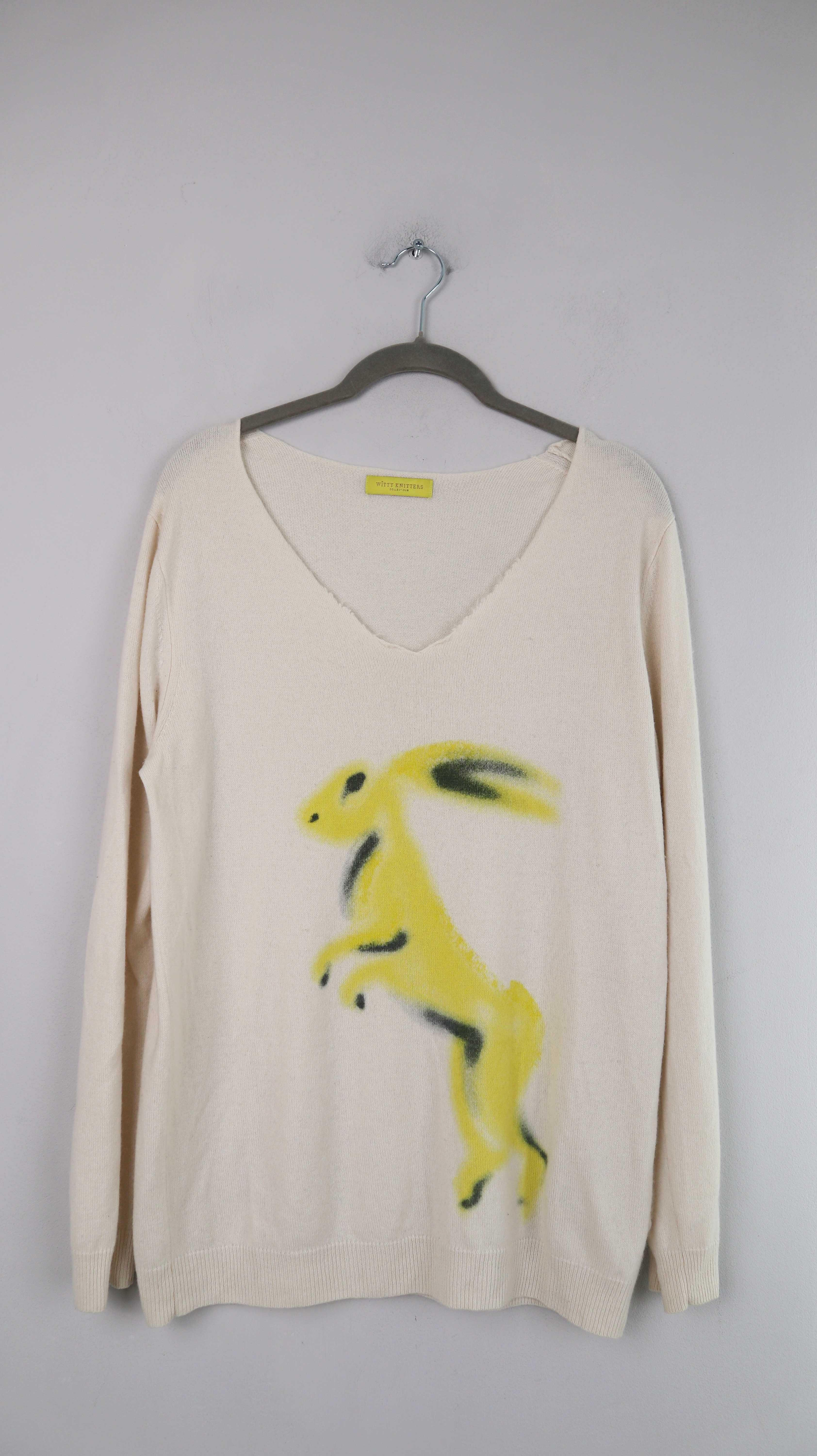 Witty Knitters Pullover Creme Beige Hase bedruckt M L Cashmere