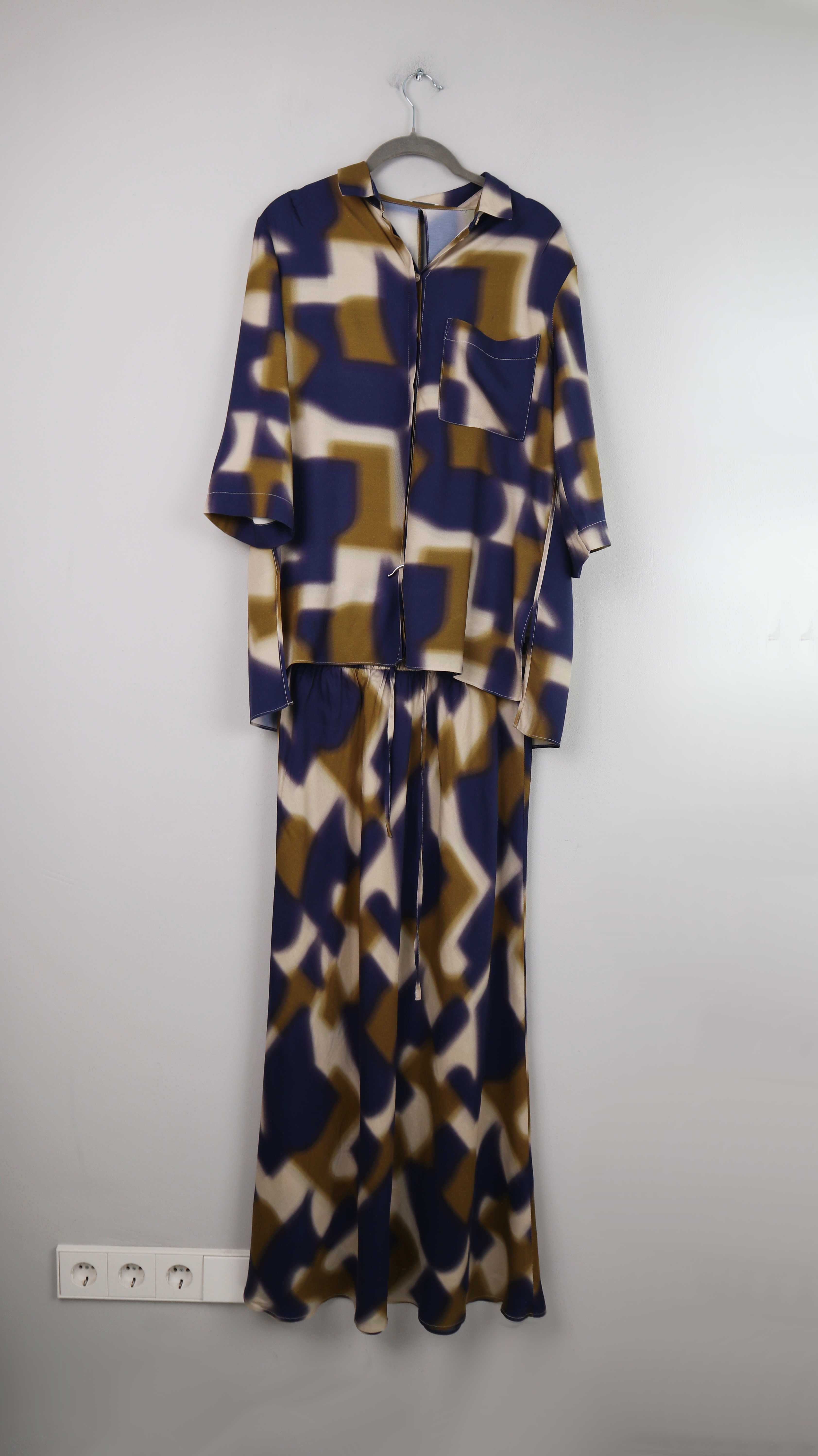 Closed Set Anzug Bluse Rock Blau Khaki geometrisch 38 M