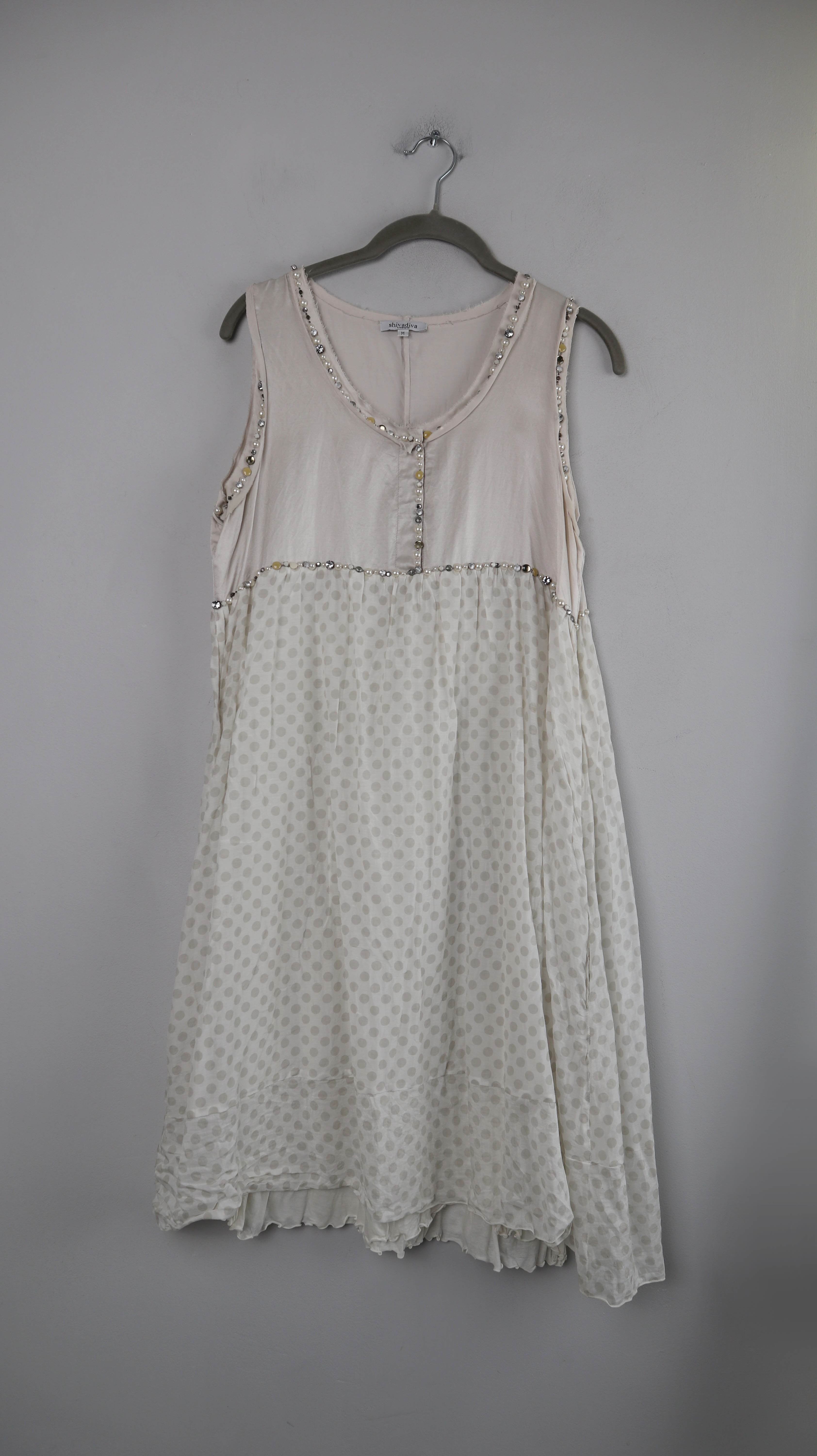 Shivadiva munich Kleid Shirt 38 M Seide Seidenkleid Midi Weiß Perlen