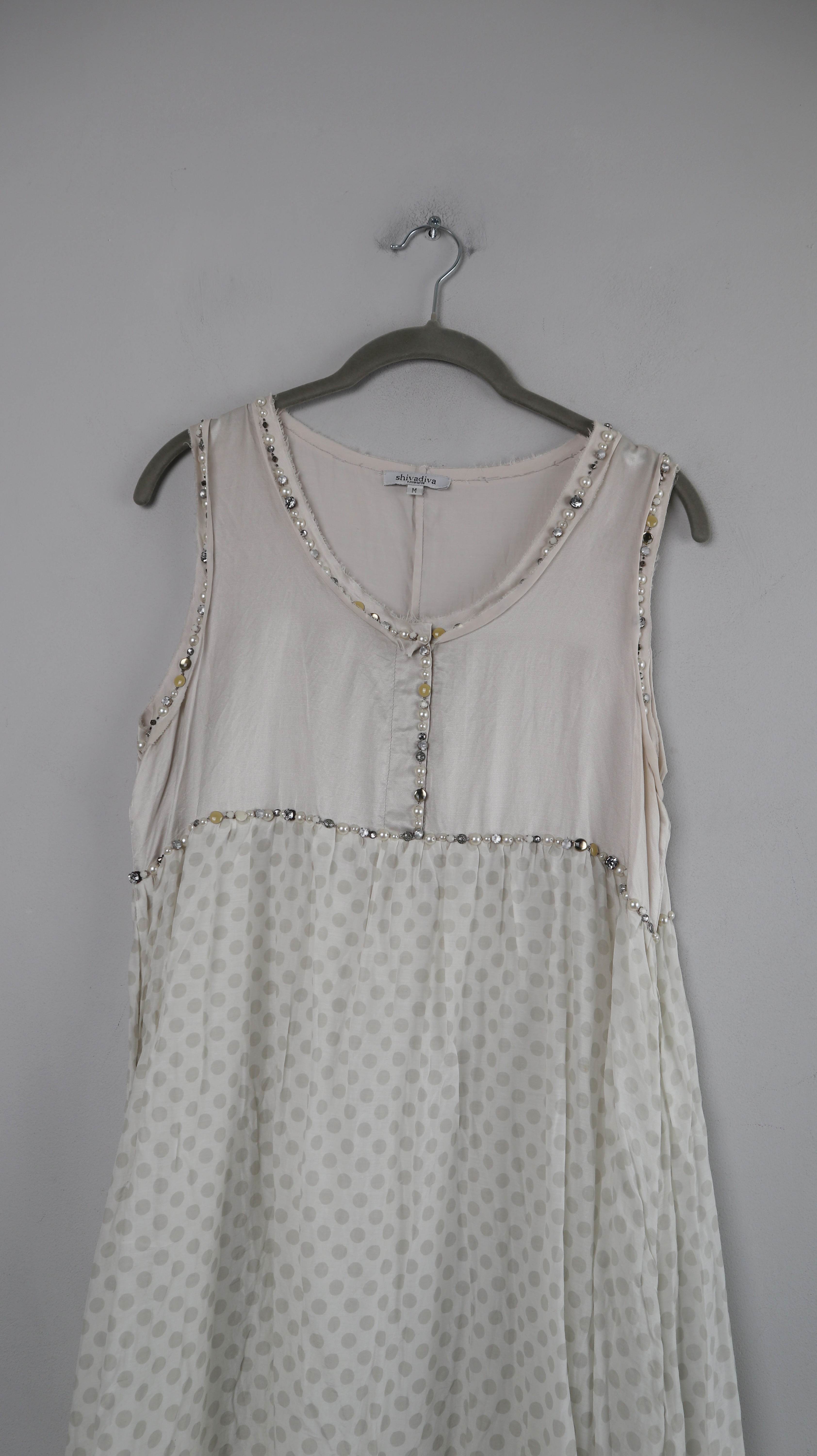 Shivadiva munich Kleid Shirt 38 M Seide Seidenkleid Midi Weiß Perlen