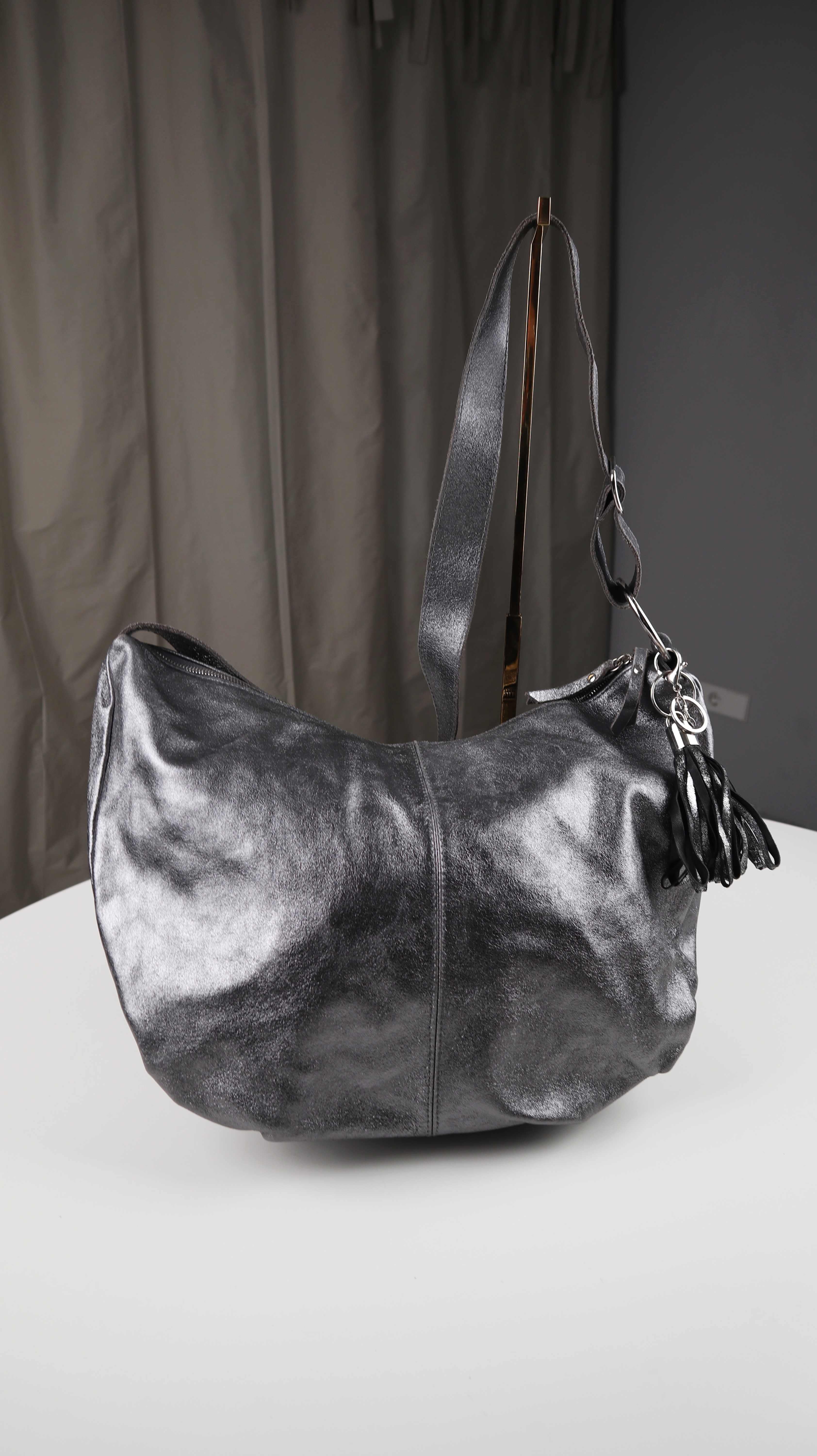 Tasche silber Metallic made in italy Umhängetasche Chrom Ledertasche Shopper